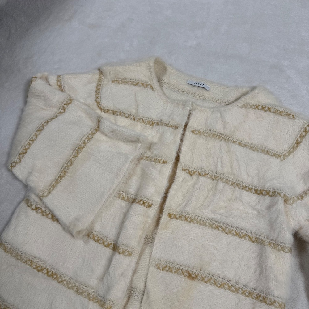 Sioni Womens Eyelash Knit‎ Open Front Cardigan Cream Gold Metallic Striped Large